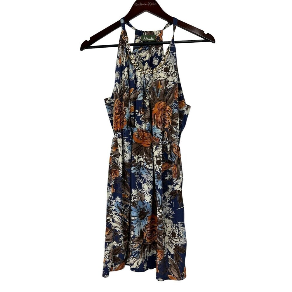 Maude Women Dress S Blue Floral Halter Tank Cami Blouson Short Mini Gold Accent